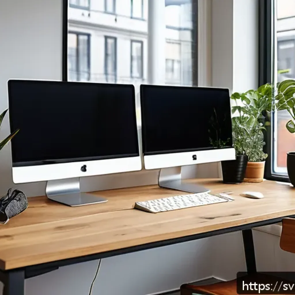 JAMstack 아키텍처의 보안 이점 - A modern web developer workspace in a sleek Scandinavian-style office, featuring dual monitors displ...