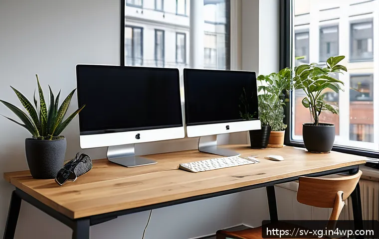 JAMstack 아키텍처의 보안 이점 - A modern web developer workspace in a sleek Scandinavian-style office, featuring dual monitors displ...