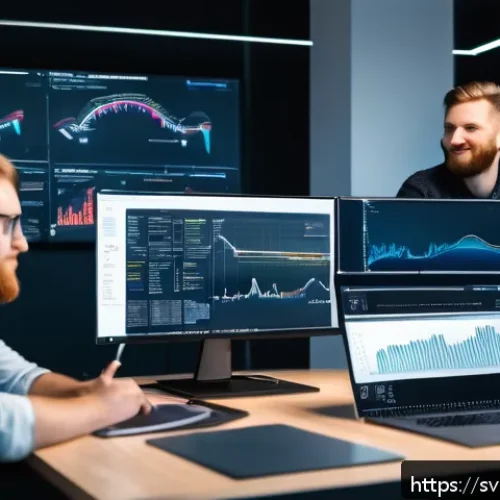 JAMstack으로 빠른 웹사이트 성능을 달성하는 방법 - A high-tech, modern office environment showcasing a software development team collaborating on JAMst...