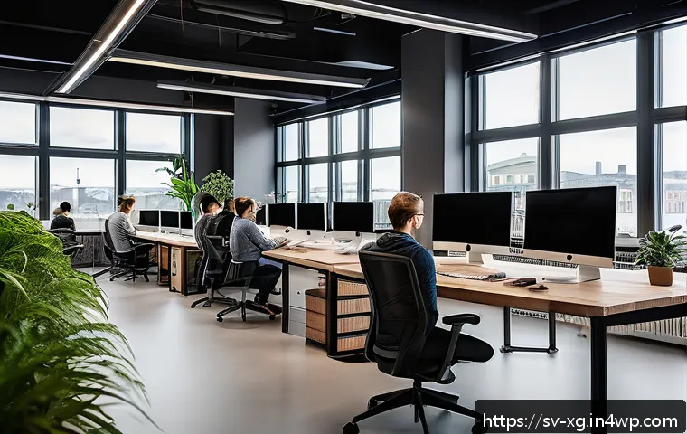 JAMstack 아키텍처를 위한 데이터베이스 선택 가이드 - A modern Scandinavian office environment showcasing a diverse team of software developers collaborat...